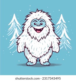 cute cartoon yeti standing beside snow covered trees vector