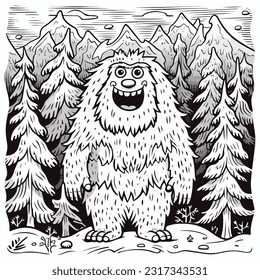 cute cartoon yeti standing beside snow covered trees vector