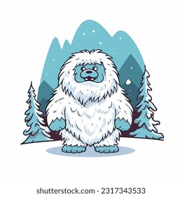 cute cartoon yeti standing beside snow covered trees vector