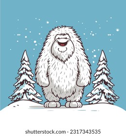 cute cartoon yeti standing beside snow covered trees vector