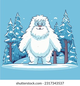 cute cartoon yeti standing beside snow covered trees vector