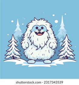 cute cartoon yeti standing beside snow covered trees vector