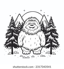 cute cartoon yeti standing beside snow covered trees vector