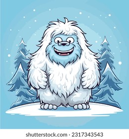 cute cartoon yeti standing beside snow covered trees vector