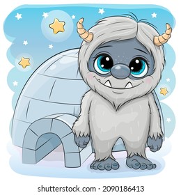 Cute Cartoon Yeti stands near the igloo