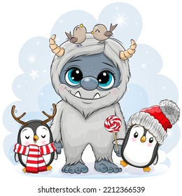 Cute Cartoon Yeti with two penguins on the snow background