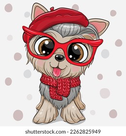 Cute Cartoon yorkshire terrier en boina roja con gafas rojas en el fondo