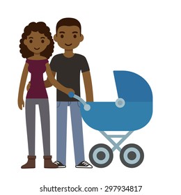 Cute cartoon young black couple with a baby in a stroller, isolated on white background.