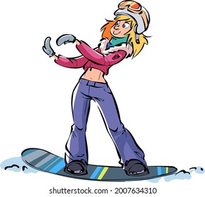 Cute cartoon Young blonde woman snowboarding shows the line with her hands.