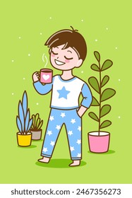 Netter Cartoon-Junge im Schlafanzug mit einer Tasse Kaffee - Vektorillustration für gemütliches Design 