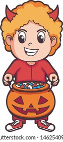 cute cartoon young boy holding pumpkin