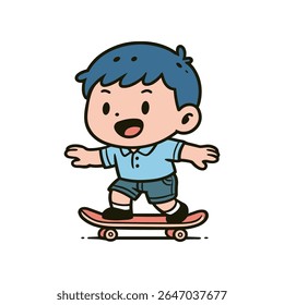 A cute cartoon of a young boy skating with a wide smile, perfect for children's illustrations and recreational themes