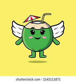 Cute cartoon Young coconut character wearing wings in modern style design