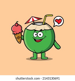 Cute Cartoon Young coconut character holding ice cream cone