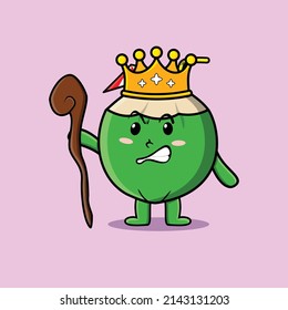 Cute cartoon Young coconut mascot as wise king with golden crown and wooden stick