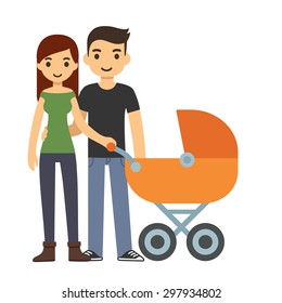 Cute cartoon young couple with a baby in a stroller, isolated on white background.