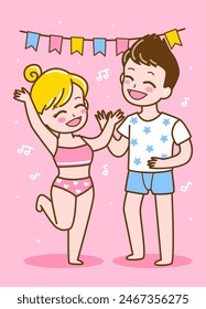 Cute cartoon young couple dressed in underwear dancing together - vector illustration for cozy design