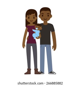 Cute cartoon young couple holding a baby and smiling, isolated on white background.