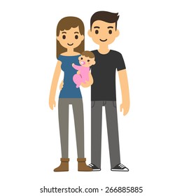 Cute cartoon young couple holding a baby and smiling, isolated on white background.