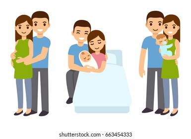 Cute cartoon young couple pregnancy and birth illustration. Pregnant woman with husband, in hospital bed with newborn baby, mom and dad with child. Healthcare and family planning infographic set.