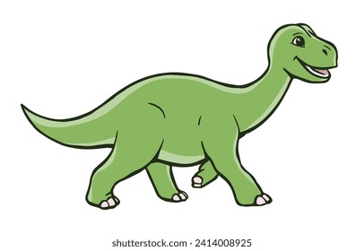 Cute cartoon young dinosaur. Little green brontosaurus. Vector isolated clipart illustration. White background. Hand drawn outline
