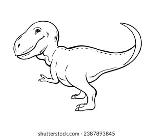 Cute cartoon young dinosaur. Small kid t rex. Cartoon vector black and white illustration. Hand drawn sketch line