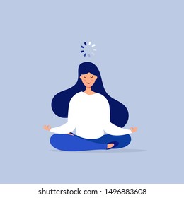 Cute cartoon young exhausted woman in lotus position with a loading bar above her head.