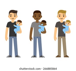 Cute cartoon young fathers holding a baby and smiling, isolated on white background.