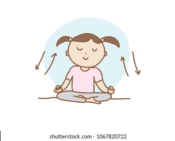 cute cartoon of a young girl doing meditation in lotus position with arrows show direction of breathing, in soft colours