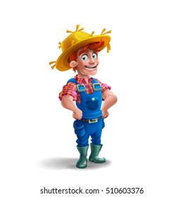 Cute cartoon young guy farmer in straw hat isolated on white background. Vector illustration.