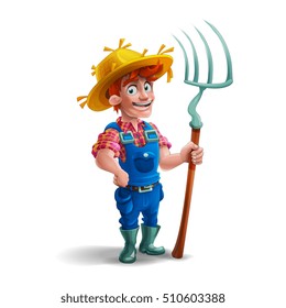 Cute cartoon young guy farmer in straw hat and holding pitchfork isolated on white background. Vector illustration.