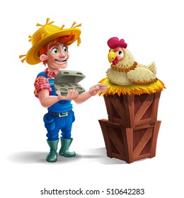 Cute cartoon young guy farmer in straw hat and cute hen isolated on white background. Vector illustration.