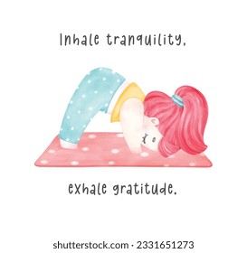 cute cartoon young kid girl in downward dog yoga pose radiates happiness and promotes relaxation. Peaceful and self care in pastel vibrant watercolor illustration. Perfect for promoting health.