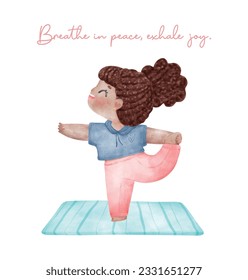 cute cartoon young kid girl in flamingo yoga pose radiates happiness and promotes relaxation. Peaceful and self care in pastel vibrant watercolor illustration. Perfect for promoting health, wellness