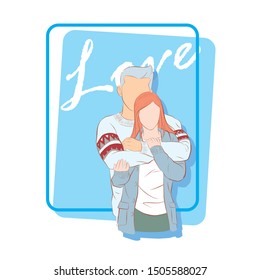 a cute cartoon of young lover coupon in winter suit. A good relationship in a happy   fallen in love couple. Handsome man hug his girlfriend from the back. Happy valentine or love in winter concept.