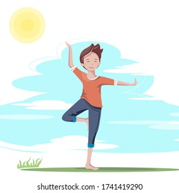Cute cartoon young man doing energetic practices in the open air. A guy relax in yoga pose. Vector illustration.