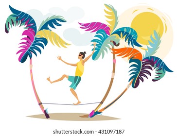 Cute cartoon young man on the beach vector abstract illustration summer vacation on the sea.