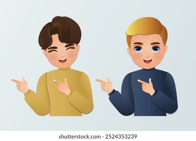 Hombre joven sonriendo a mientras que presenta con la mano y señalando con el dedo