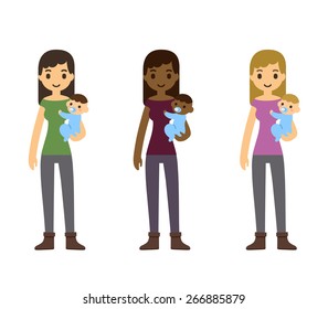 Cute cartoon young mothers holding a baby and smiling, isolated on white background.