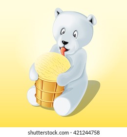 Cute Cartoon Young Polar Bear Licking Ice Cream of Vanilla