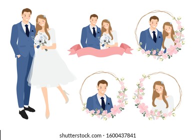 cute cartoon young wedding couple wreath logo in cherry blossom wreath eps10 vectors illustation