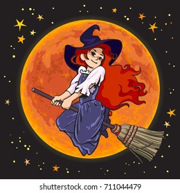 Cute cartoon young witch flying on broom stick on full Moon background. Hand drawn sketch vector illustration isolated on night sky background.