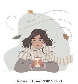 Cute cartoon young woman with a cup of coffee. Nice girl in a striped scarf. Vector autumn illustration.