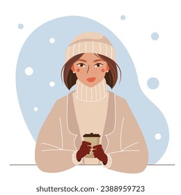 Cute cartoon young woman with a cup of coffee. Vector winter cozy illustration. Stylish beautiful girl in beige hat hat and coat.