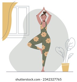 Cute cartoon young woman doing yoga at home. Funny plump girl in tree asana.