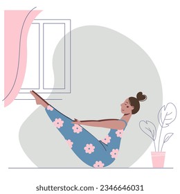 Cute cartoon young woman doing yoga at home. Nice girl in overalls in boat asana.