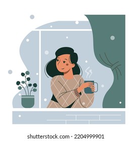 Cute cartoon young woman drinks coffee in a window. Vector winter cozy illustration.