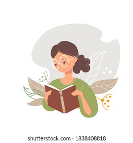 Cute cartoon young woman in a glasses reading a book. Plant background. Nive girl with a brown hairs in a green sweater.