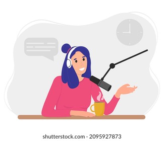 Cute cartoon young woman in a headphones talking and recording online podcast with microphone. Podcast concept.