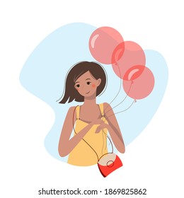 Cute cartoon young woman with stylish haircut holding balloons in her hands. Nice smiling girl with little bag.